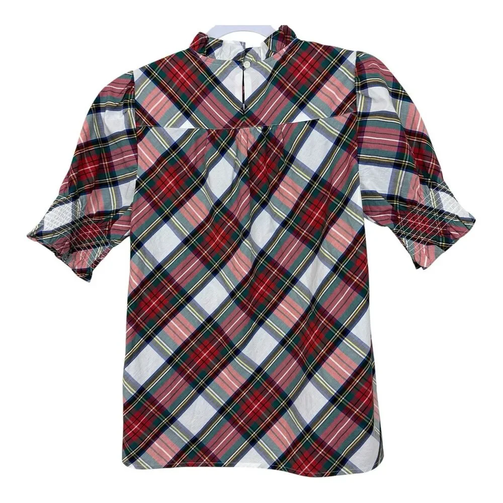 J.CREW Stuart Tartan Shirt Sz XXS Puff Sleeve White Red Plaid BE001 High Neck